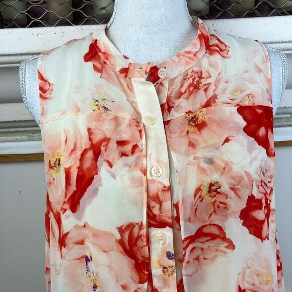 BCBGeneration Sleeveless hi lo rose floral chiffon blouse w/ruffled layer front - Picture 3 of 7